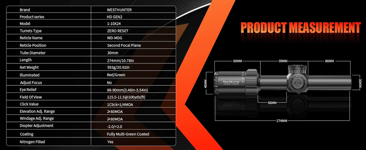 WestHunter HD GEN2 1-10X24 IR Compact Scope LPVO Optical Sights R/G Illumination 1/4MOA Reticle Hunting Riflescope