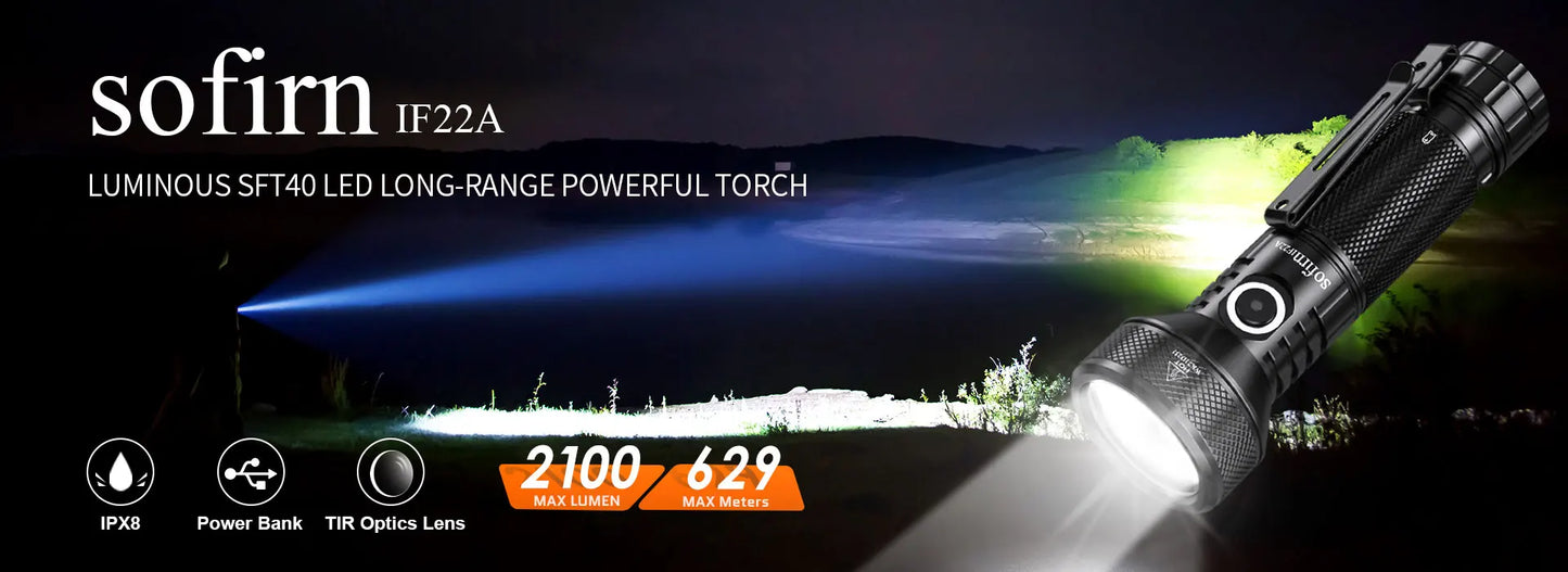 Sofirn IF22A 2100lm Flashlight 21700 Powerful Light SFT40 LED 680M Long Range USB C Rechargeable Charging