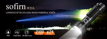 Sofirn IF22A 2100lm Flashlight 21700 Powerful Light SFT40 LED 680M Long Range USB C Rechargeable Charging