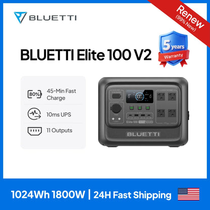 BLUETTI Elite 100 V2 Portable Power Station 1800W 1024Wh Solar Generator Emergency Backup