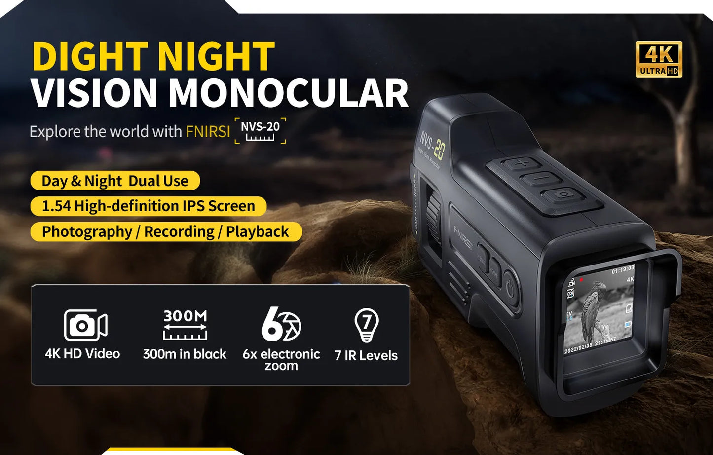 FNIRSI Telescope NVS-20 4K HD Monocular Night Vision Goggles 6X Digital Zoom 300m Hunting Camping Scope Day and Night Dual Use