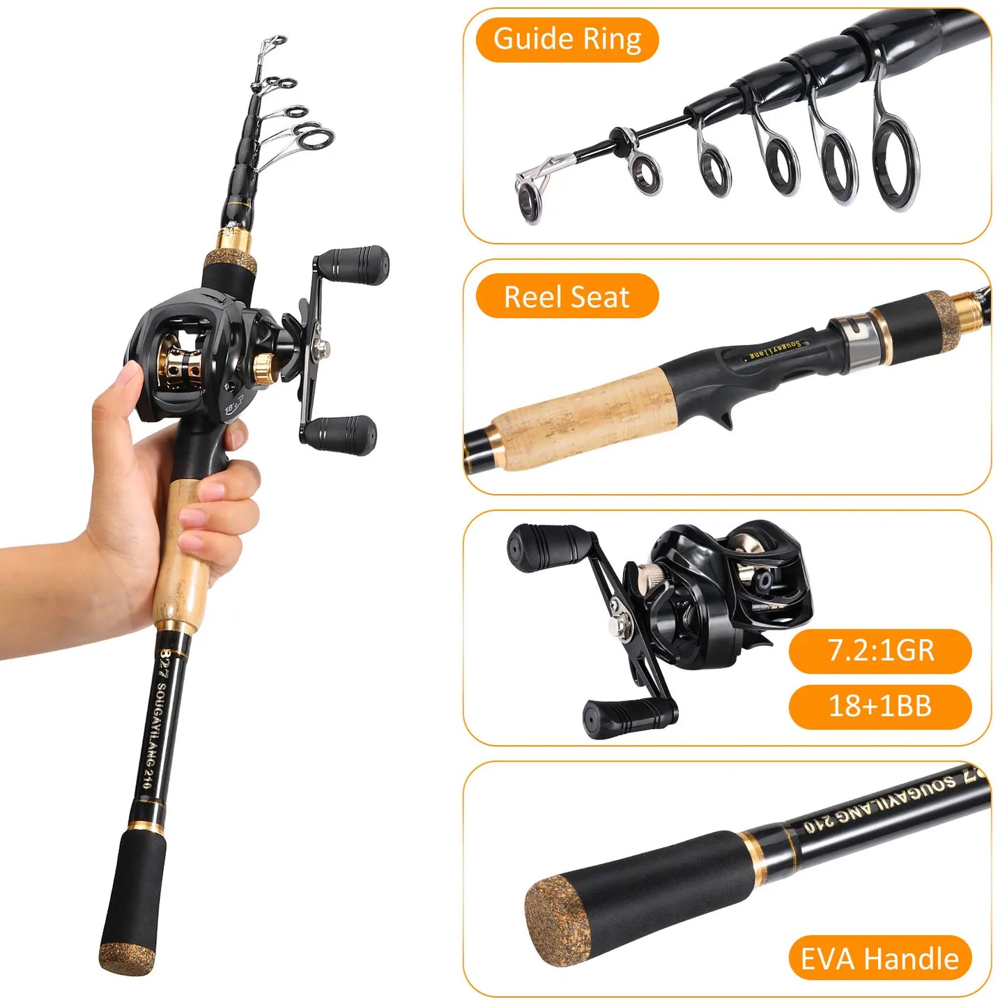 Sougayilang Baitcasting Fishing Rod and Reel Set 1.6m-2.1m Telescopic Fishing Rod Reel Combo Full Kit