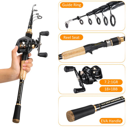 Sougayilang Baitcasting Fishing Rod and Reel Set 1.6m-2.1m Telescopic Fishing Rod Reel Combo Full Kit