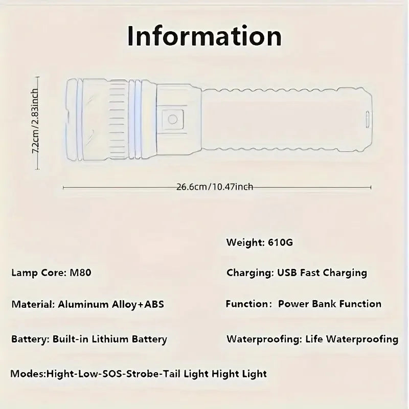 10000W Built-in Battery Flash Light Emergency Spotlights 9km 990000000LM 25000mah