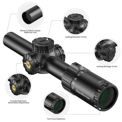 WestHunter HD GEN2 1-10X24 IR Compact Scope LPVO Optical Sights R/G Illumination 1/4MOA Reticle Hunting Riflescope