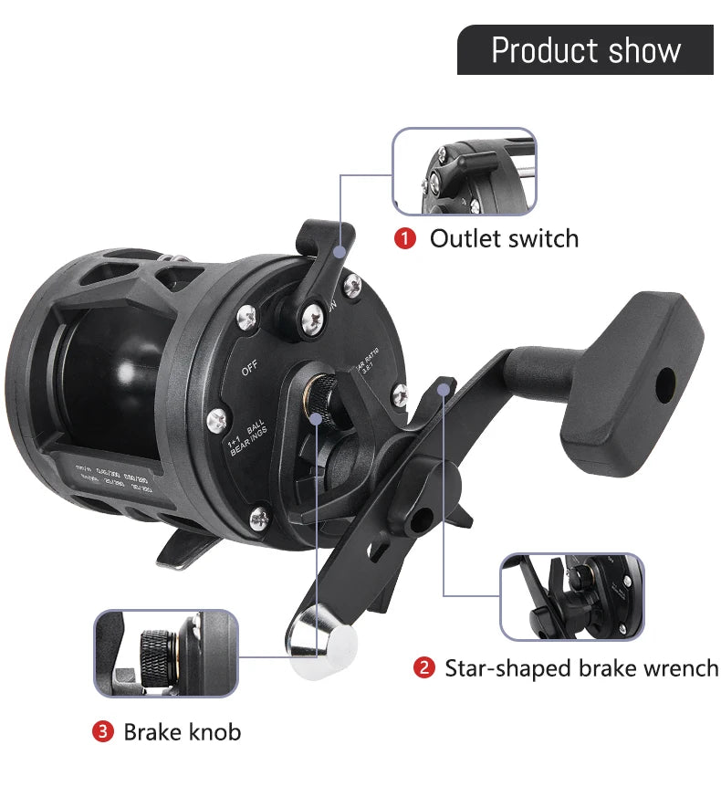 BILLINGS Trolling Drum Fishing Reels 33LB Max Drag 3.8:1 Gear Ratio High Toughness Body