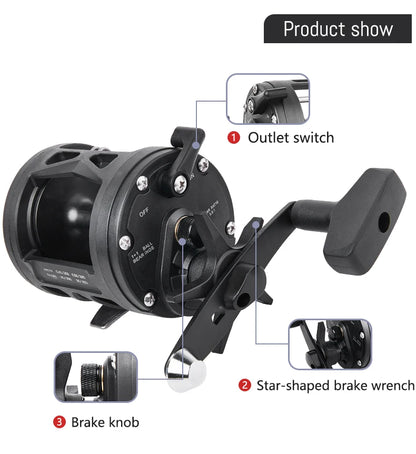 BILLINGS Trolling Drum Fishing Reels 33LB Max Drag 3.8:1 Gear Ratio High Toughness Body