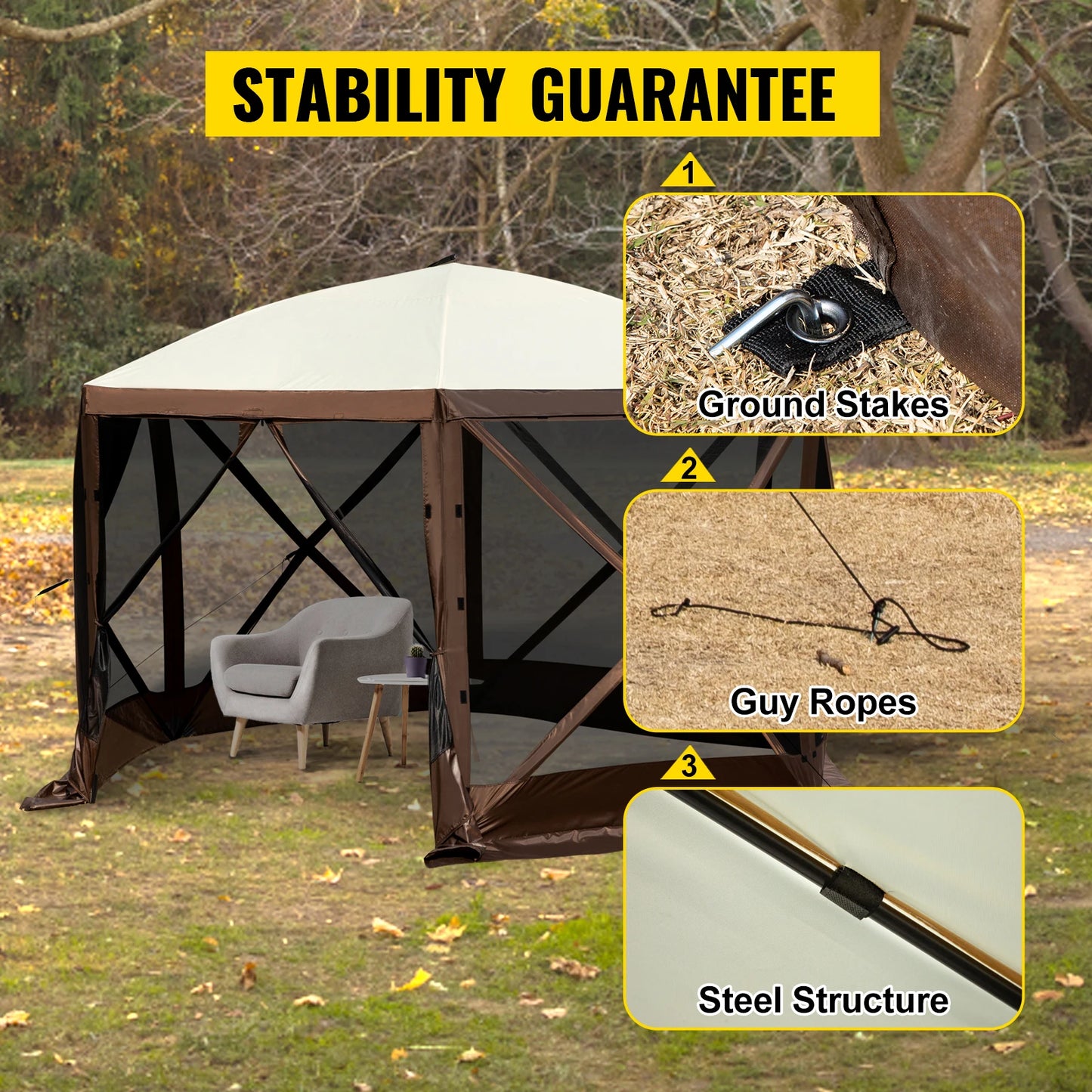 SucceBuy Pop-up Camping Gazebo Camping Canopy Shelter 6 Sided 12' x 12' / 10' x 10'
