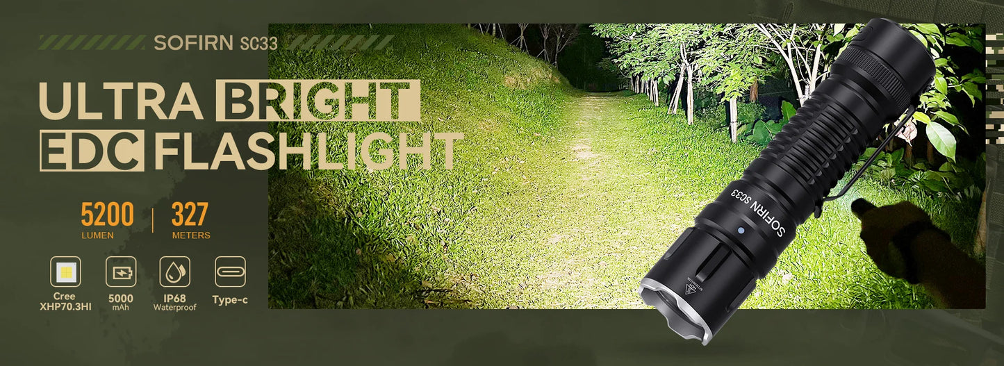 Sofirn SC33 LED Tactical Flashlight XHP70.3 HI  5200lm Powerful 21700 Type C Rechargeable