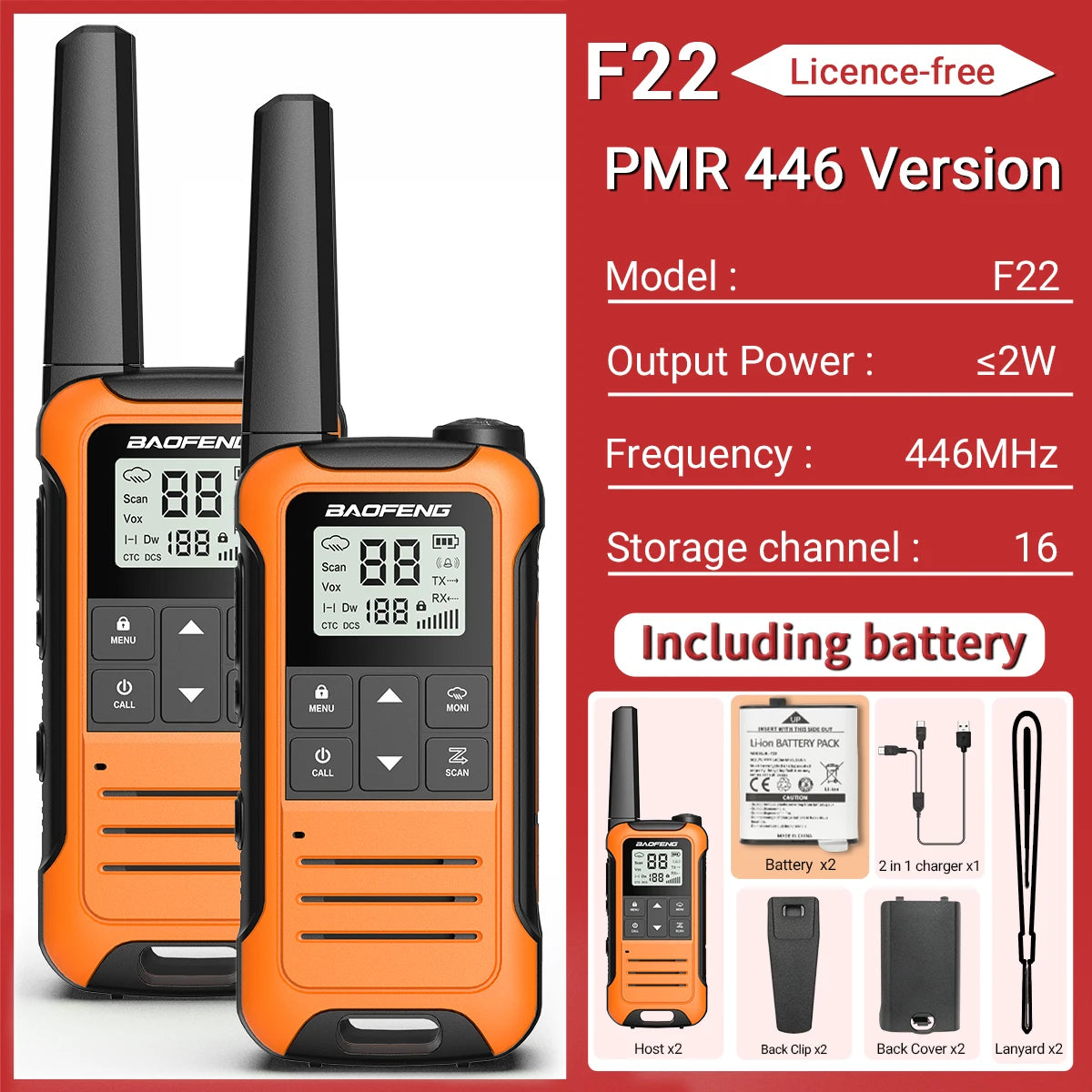 2PCS Baofeng F22 PMR 446MHz Mini Walkie Talkie Waterproof Type-C Licence-free NOAA Flashlight