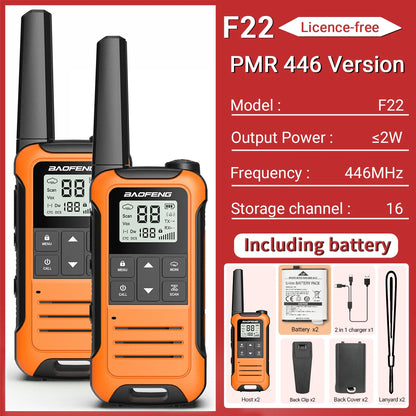 2PCS Baofeng F22 PMR 446MHz Mini Walkie Talkie Waterproof Type-C Licence-free NOAA Flashlight