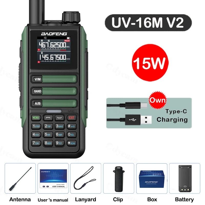 Upgrade Baofeng UV16M V2 Walkie Talkie 15W High Capacity AM FM 2-Way Radio Full Band LCD 999CH Frequency Copy NOAA Noise Reduce