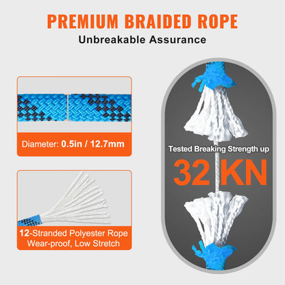 VEVOR 12.7mm Static Climbing Rope 125/150/200ft Outdoor Rock Climbing Rope 30KN Breaking Tension Fiber Rope w/ Steel Snap Hooks