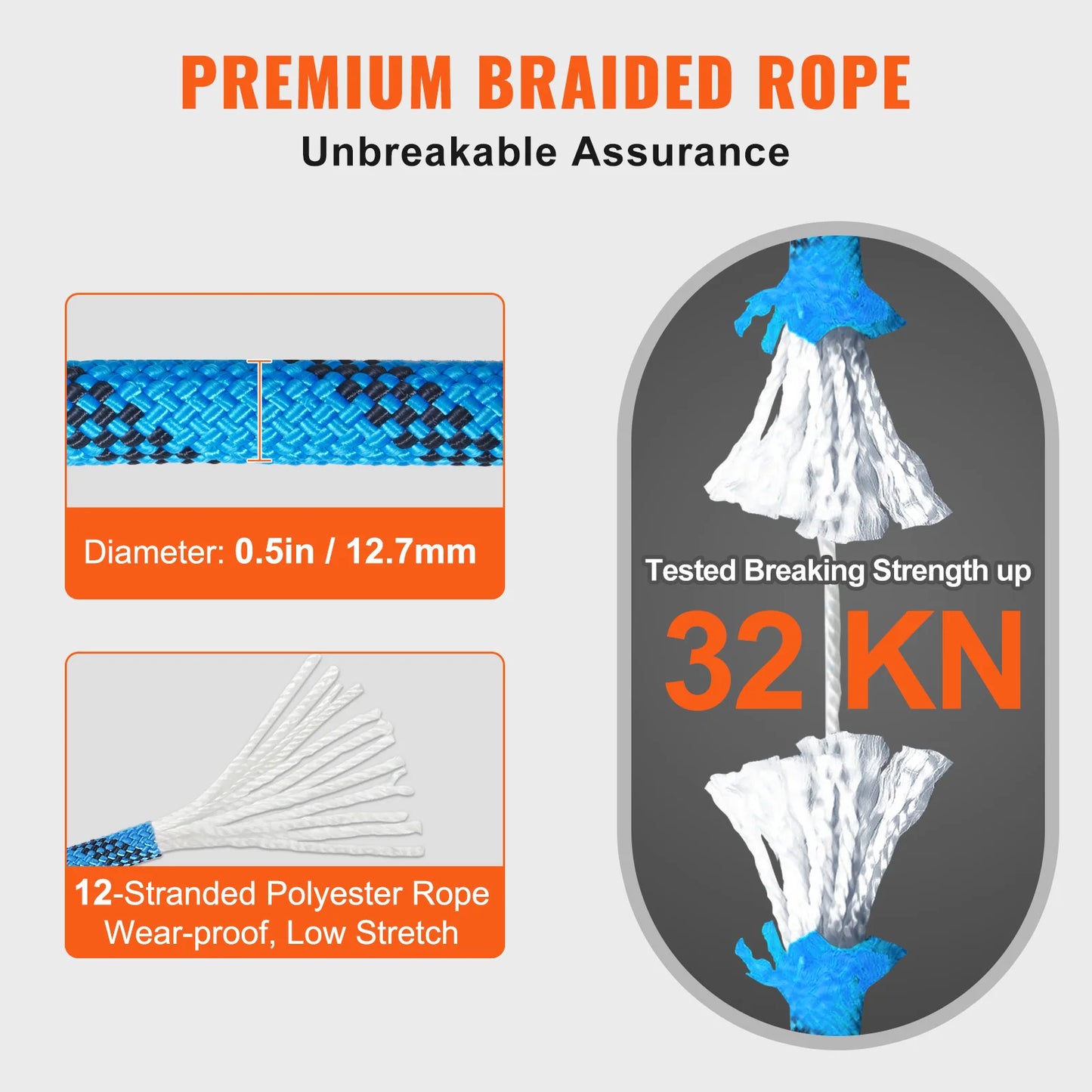 VEVOR 12.7mm Static Climbing Rope 125/150/200ft Outdoor Rock Climbing Rope 30KN Breaking