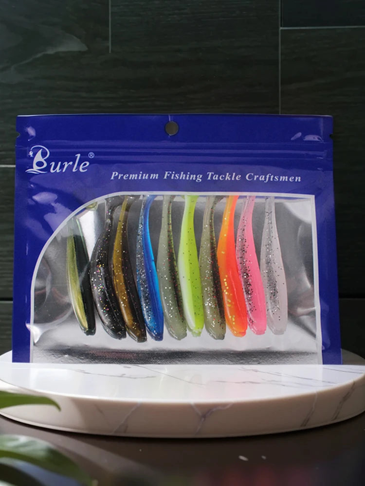 10Pcs 9cm Fishing Lures T Tail Worm Soft Bait Plastic Paddle