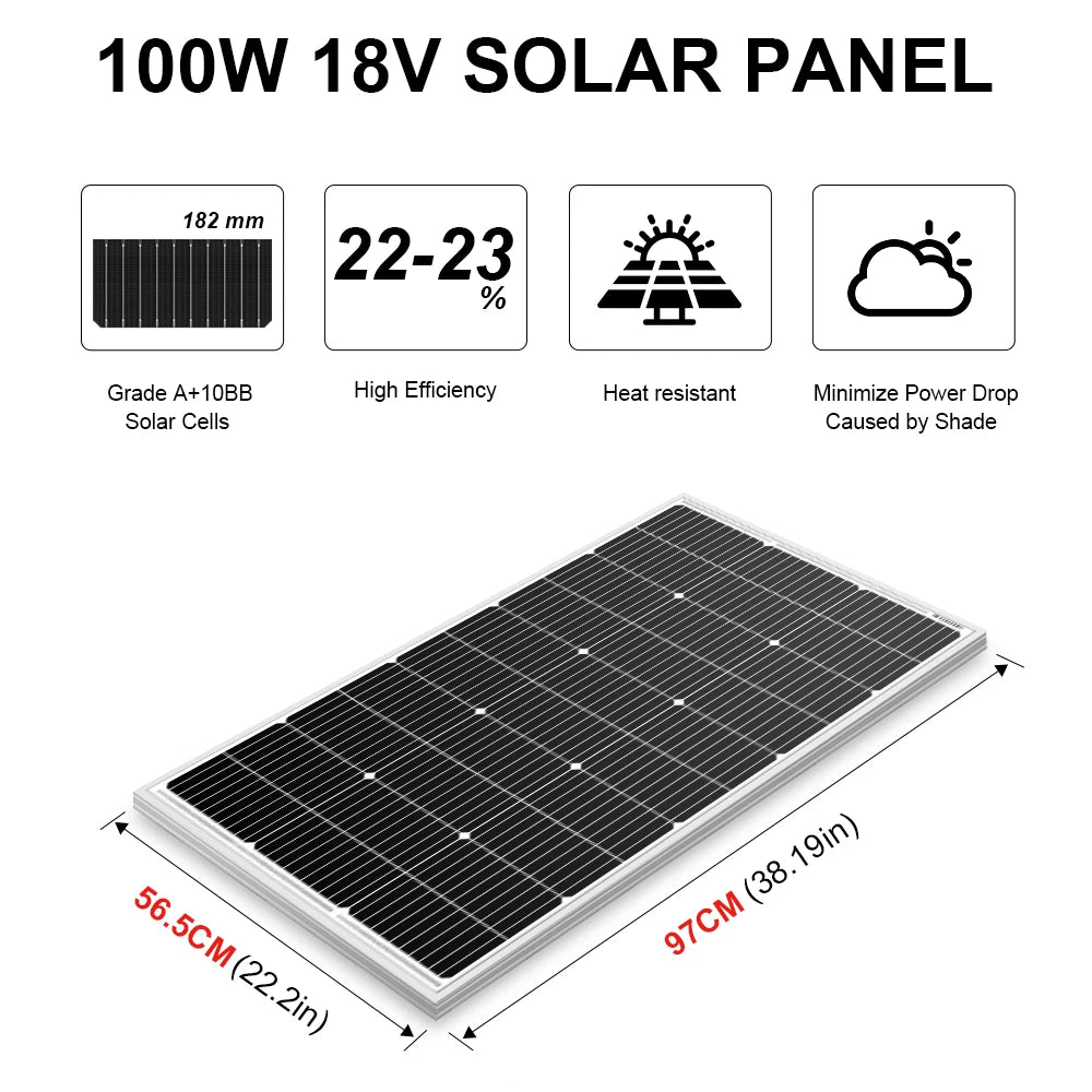 DOKIO 18V 100W Rigid Solar Panel  18V Monocrystalline Silicon Waterproof Solar Panel Charging 12V #DSP-100M Camping/Home/RV
