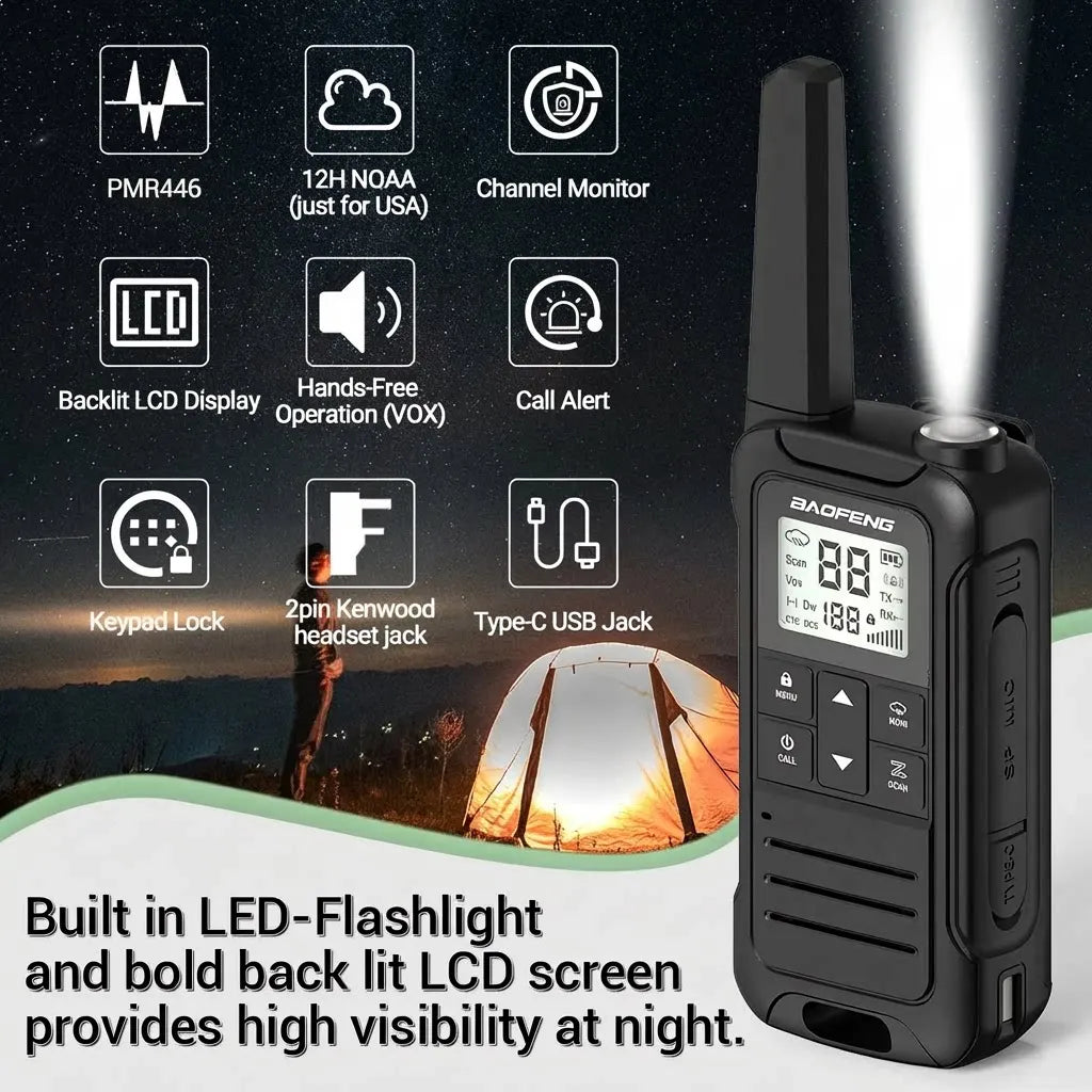 2PCS Baofeng F22 PMR 446MHz Mini Walkie Talkie Waterproof Type-C Licence-free NOAA Flashlight