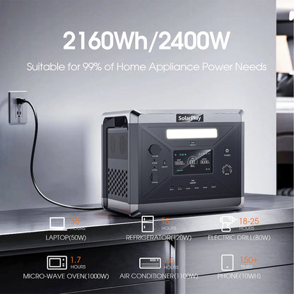 SOLARPLAY Q2501 Q2402M Portable Power Station 2160WH 2304WH LiFePO4 Battery with 2400W/2500W (4800W Peak) Solar Generator