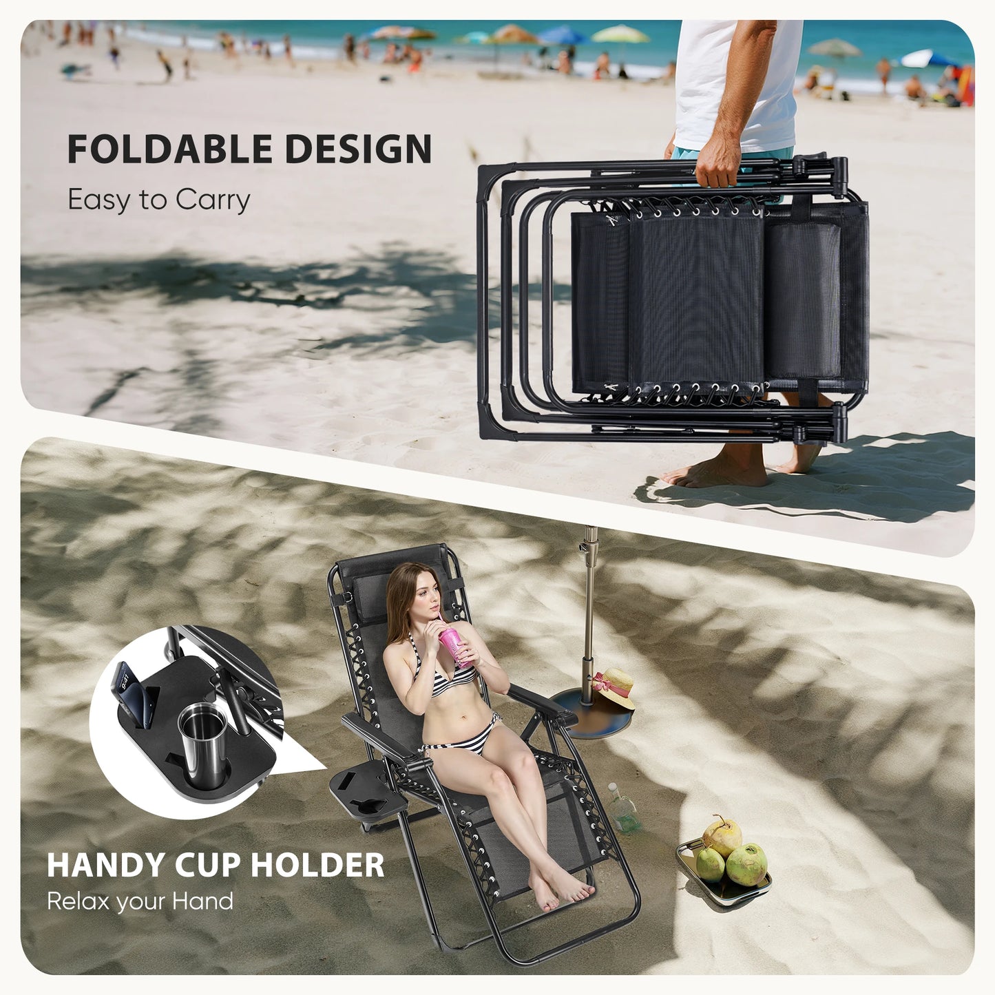 JHK Zero Gravity Portable Recliner  Chair with Cup Holder Trays Adjustable