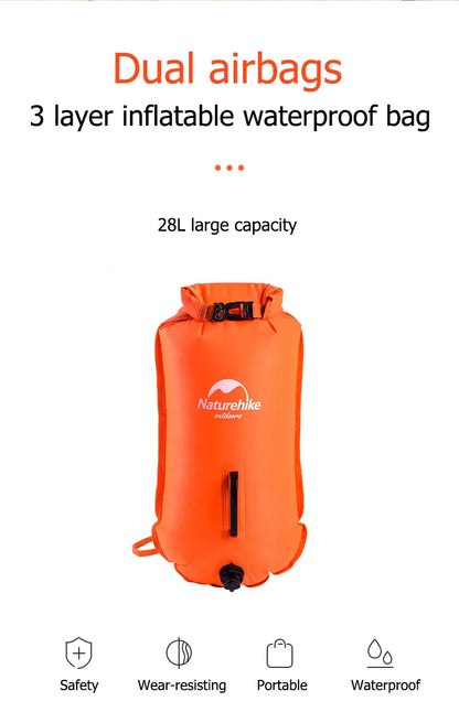 Naturehike Inflatable Swimming Buoy Waterproof 28L Storage Dry Bag Adjustable Belt Flotation Bag Dual Airbag Swim Drifting Float