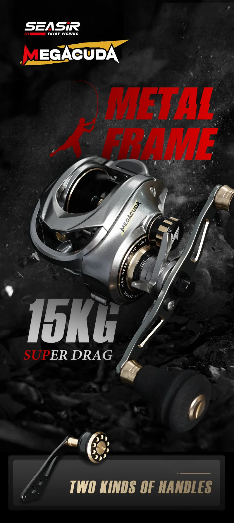 Seasir Megacuda Baitcasting Reel Drag 15KG Deep Spool 6.5:1 Aluminum Frame Carbon Side Double Handle