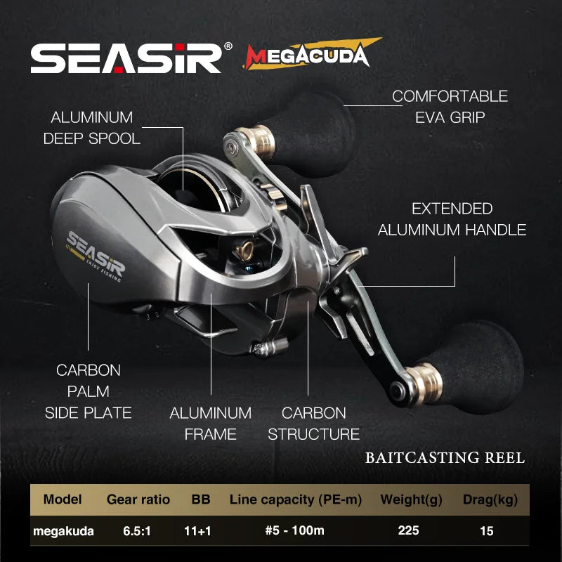Seasir Megacuda Baitcasting Reel Drag 15KG Deep Spool 6.5:1 Aluminum Frame Carbon Side Double Handle