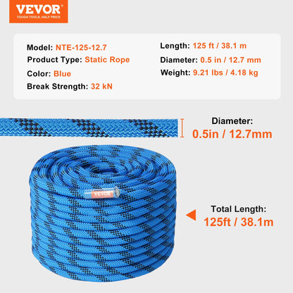 VEVOR 12.7mm Static Climbing Rope 125/150/200ft Outdoor Rock Climbing Rope 30KN Breaking