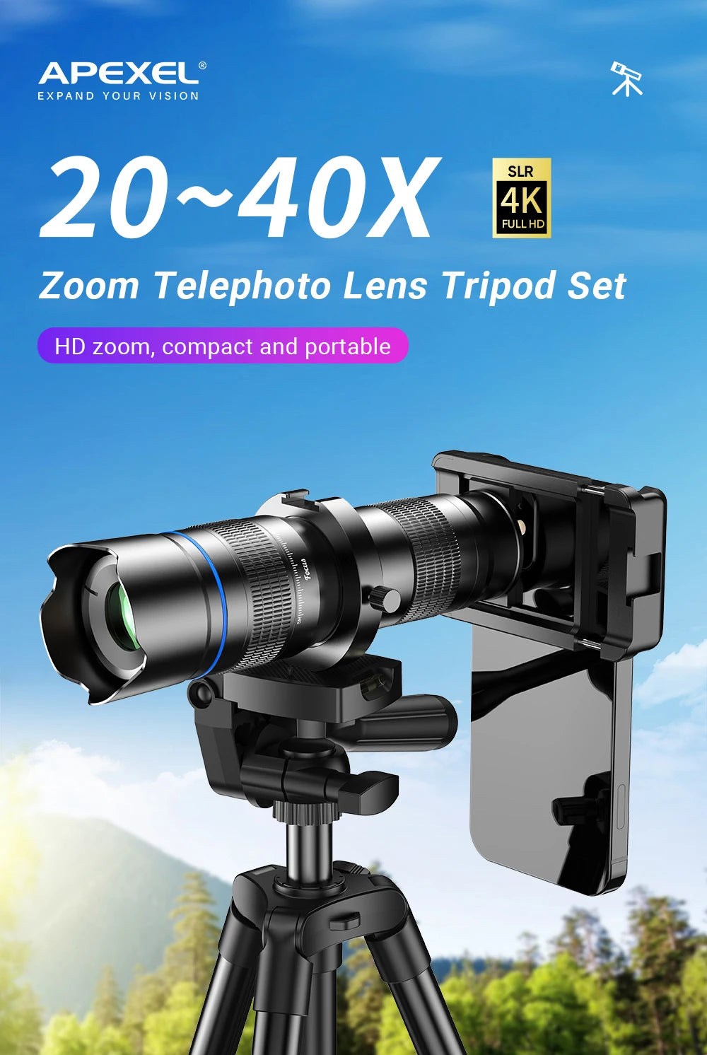 APEXEL HD Metal 20-40x zoom telephoto lens telescope lenses With Metal Extendable tripod for Samsung iPhone all Smartphones