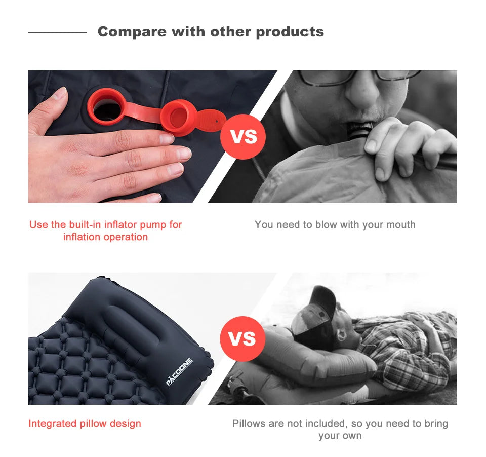 PACOONE Outdoor Sleeping Pad Camping Inflatable Mattress Built-in Pump Ultralight