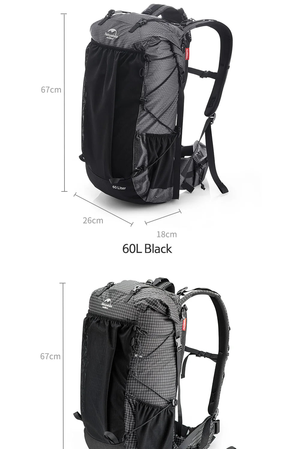 Naturehike Outdoor Mountain Backpack 60+5L Waterproof High Capacity With Rain Cover