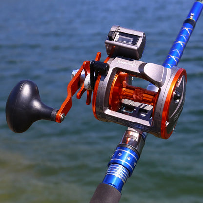 Sougayilang Line Counter Trolling Reel Conventional Level Wind Fishing Reel for Sea Bass Grouper 4.1:1/6+1BB Max Drag 30Kg