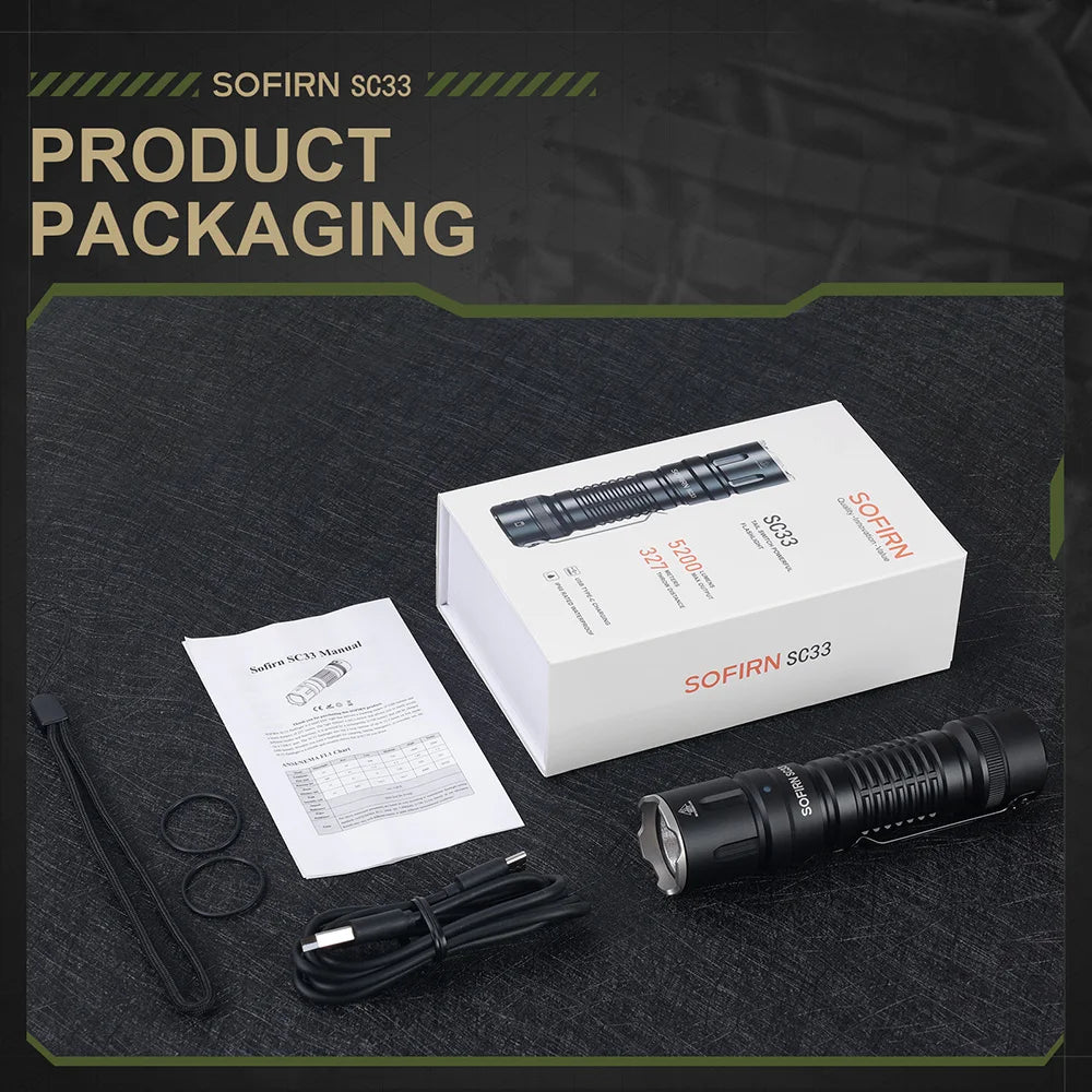 Sofirn SC33 LED Tactical Flashlight XHP70.3 HI  5200lm Powerful 21700 Type C Rechargeable