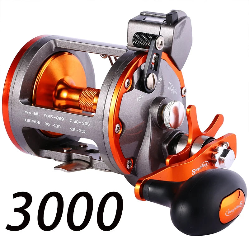 Sougayilang Line Counter Trolling Reel Conventional Level Wind Fishing Reel for Sea Bass Grouper 4.1:1/6+1BB Max Drag 30Kg