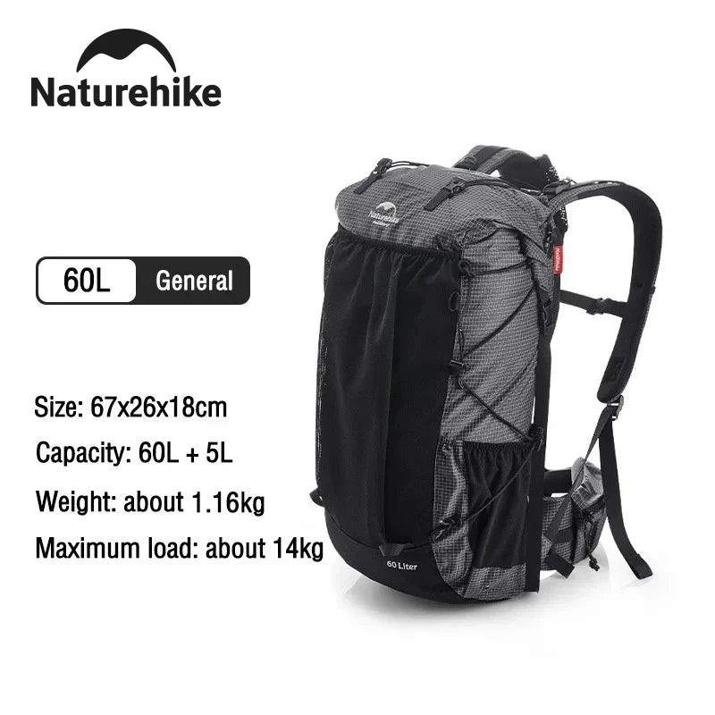 Naturehike Outdoor Mountain Backpack 60+5L Waterproof High Capacity With Rain Cover