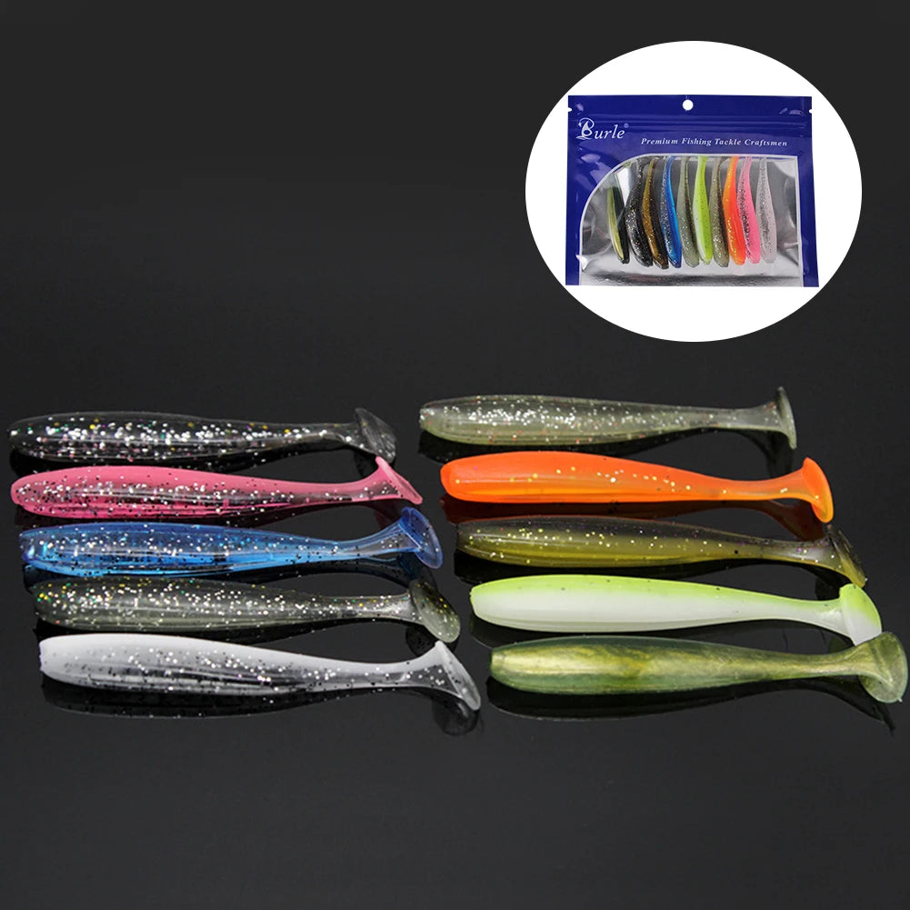 10Pcs 9cm Fishing Lures T Tail Worm Soft Bait Plastic Paddle