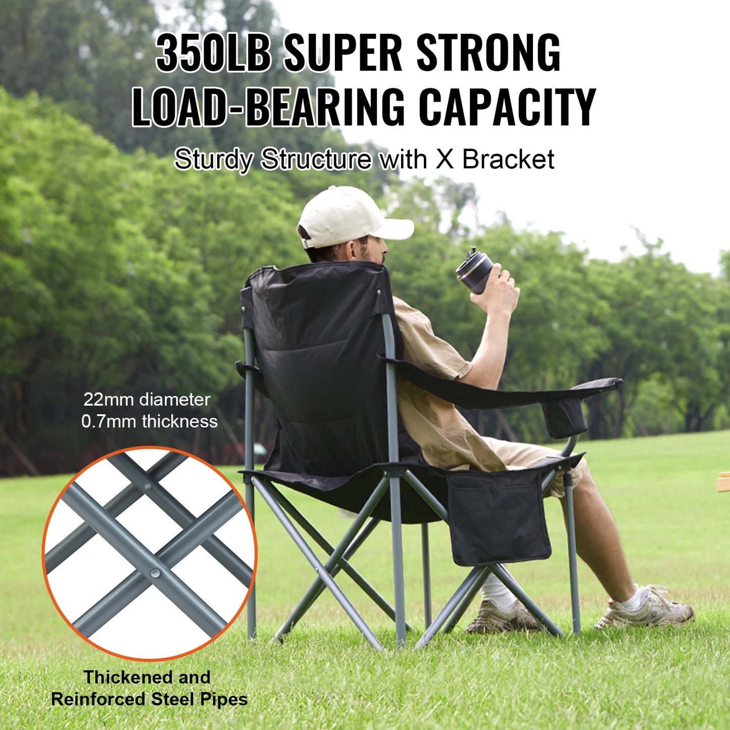 SucceBuy Camping Folding Chair Portable Quad Lumbar Back Padded Arm Chairs with Side Pockets