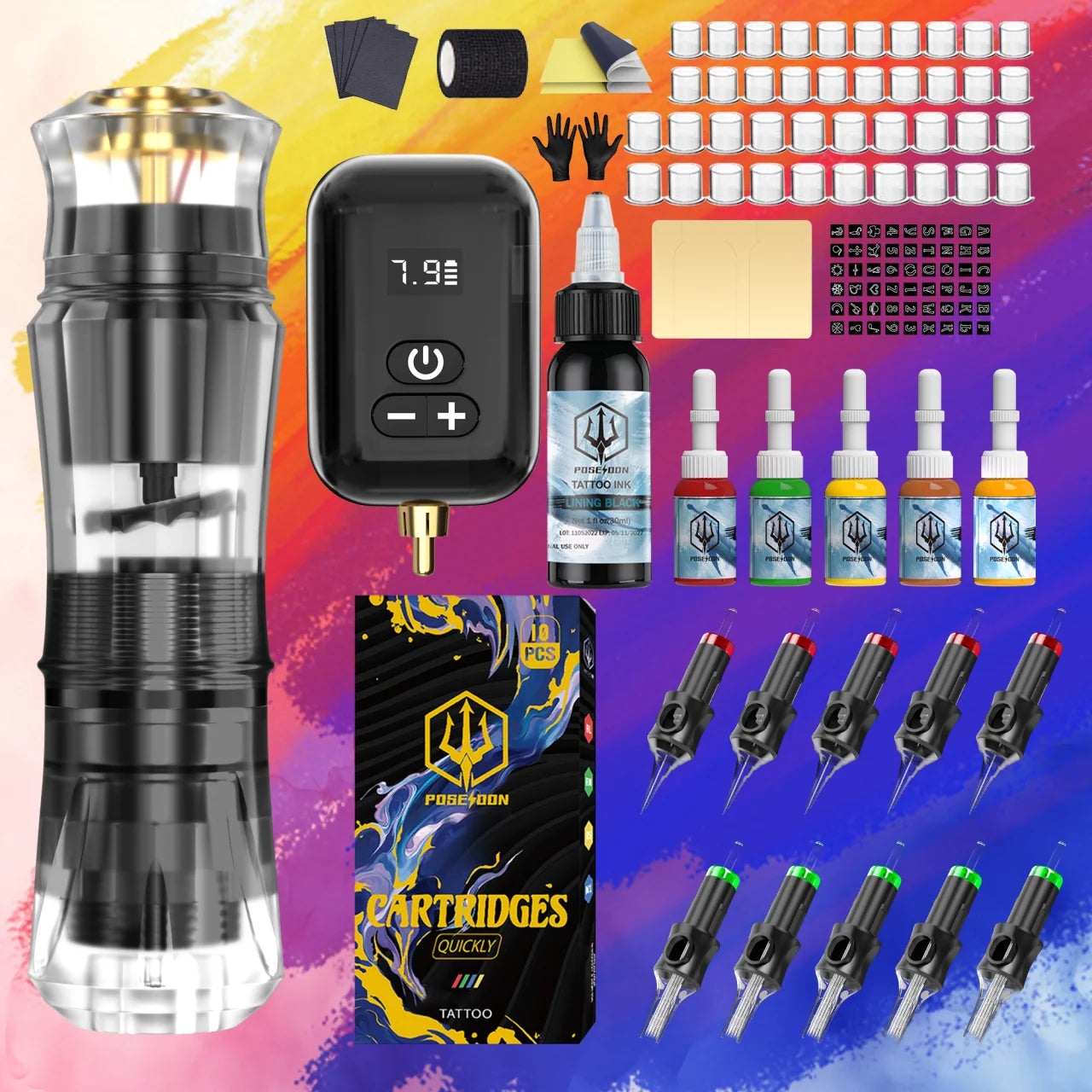 POSEIDON Tattoo Kit High Quality Tattoo Pen Kit For Permanent Makeup Tattoo Machine Kit 10PCS Tattoo Needle Black Tattoo Gun Kit