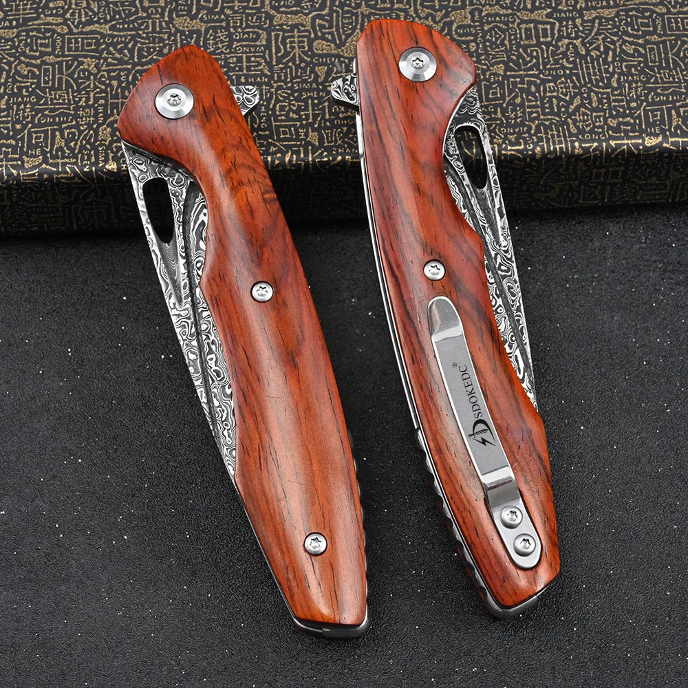 SDOKEDC VG10 Damascus Steel Folding Knives  Rosewood Handle
