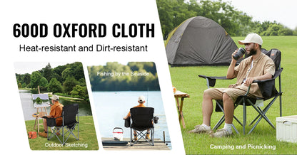 SucceBuy Camping Folding Chair for Adults Portable Quad Lumbar Back Padded Arm Chairs with Side Pockets