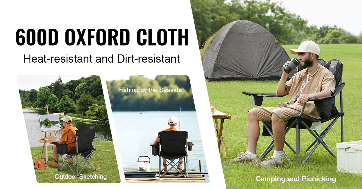 SucceBuy Camping Folding Chair for Adults Portable Quad Lumbar Back Padded Arm Chairs with Side Pockets
