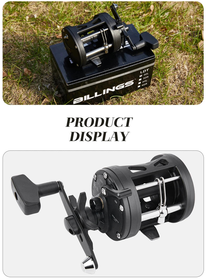 BILLINGS Trolling Drum Fishing Reels 33LB Max Drag 3.8:1 Gear Ratio High Toughness Body