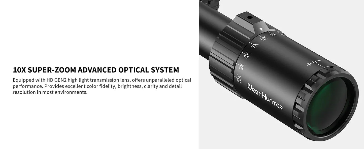 WestHunter HD GEN2 1-10X24 IR Compact Scope LPVO Optical Sights R/G Illumination 1/4MOA Reticle Hunting Riflescope