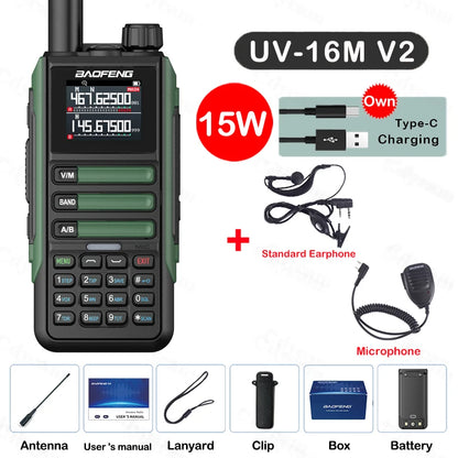 Upgrade Baofeng UV16M V2 Walkie Talkie 15W High Capacity AM FM 2-Way Radio Full Band LCD 999CH Frequency Copy NOAA Noise Reduce