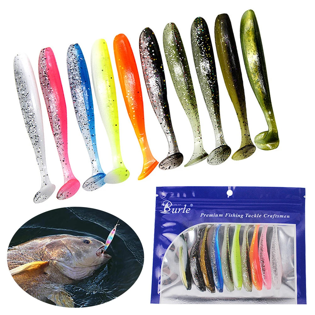 10Pcs 9cm Fishing Lures T Tail Worm Soft Bait Plastic Paddle