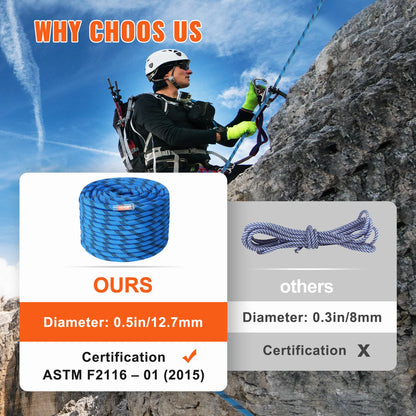 VEVOR 12.7mm Static Climbing Rope 125/150/200ft Outdoor Rock Climbing Rope 30KN Breaking