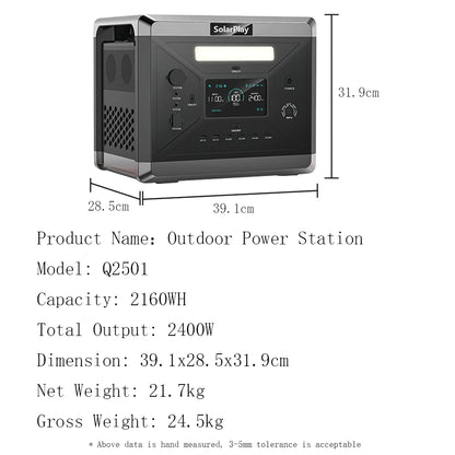 SOLARPLAY Q2501 Q2402M Portable Power Station 2160WH 2304WH LiFePO4 Battery with 2400W/2500W (4800W Peak) Solar Generator