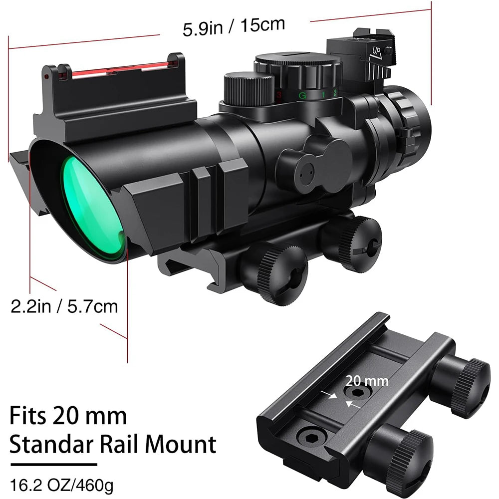 4x32 Tactical Riflescope with Fiber Optic Sight RGB Illuminated Reticle Prism with 20 mm Picatinny Rail