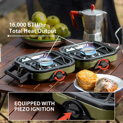 Naturehike 2 Burner Folding Camping Stove Portable Propane Gas Stove with Carry Bag 16000 BTU
