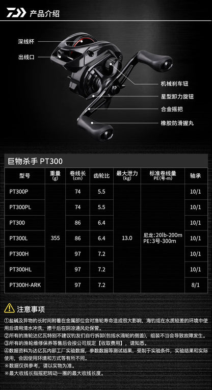 2025 DAIWA PT300  Baitcasting Fishing Reel 10+1BB Max Drag 13kg Saltwater Wheels