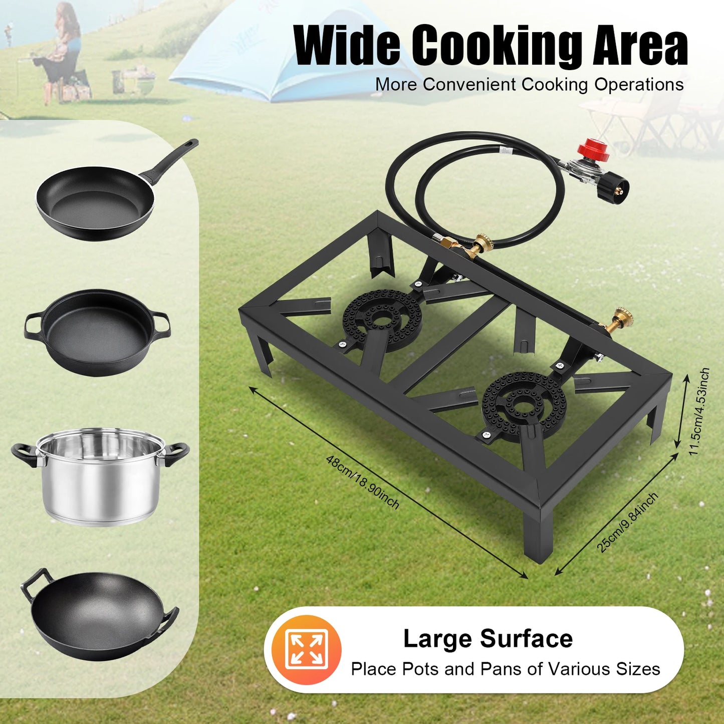 Portable 1/2 Burner Outdoor Gas Stove Propane Cooker with Adjustable 0-10Psi Regulator Hose for Patio Camping, BBQ
